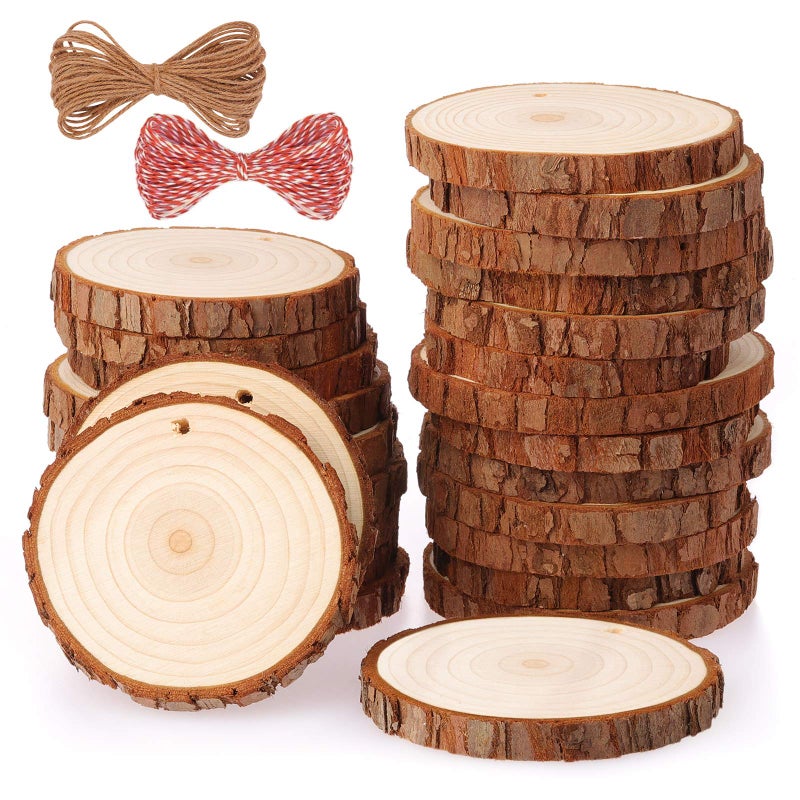 Fuyit Natural Wood Slices 25 Pcs 3.1-3.5 Inches Craft Wood Kit Unfinished Predrilled with Hole Wooden Circles Tree Slices for Arts and Crafts Christmas Ornaments DIY Crafts - Image 1